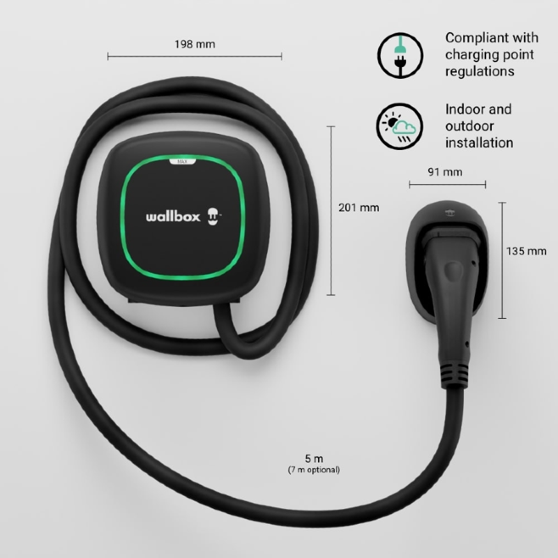 Wallbox Pulsar Max: 7.4kW Smart EV Charger Wi-Fi Bluetooth Enabled 7M Type 2 - EV Car Charger