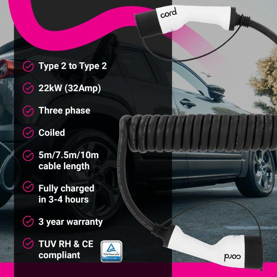 10m Coiled EV Charging Cable - 22kW Three Phase Type 2 Skip to the end of the images gallery - EV Car Charger